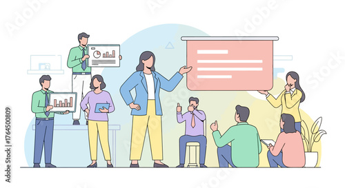 Diverse business team engaged in a collaborative presentation meeting.