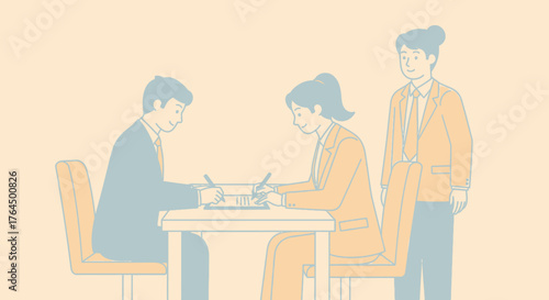 Minimalist illustration of two people signing documents at a table.