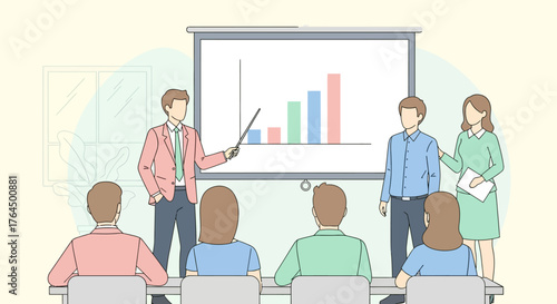 Business professionals attending a seminar with a speaker presenting a growth chart.