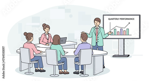 Business meeting presentation with team members discussing quarterly performance.