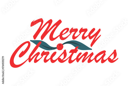 Merry Christmas text, hand drawn calligraphy, lettering, phrase, vector with mistletoe, holly berry clipart for social media, header, email signature, email banner, gift tags, Christmas card printable