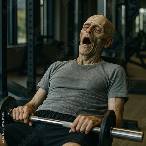 Tired zombie resting on gym bench with barbell — funny horror fitness