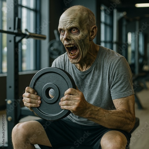 Zombie screaming with weight plate in gym — horror fitness parody