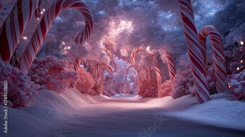 Fototapeta Naklejka Na Ścianę i Meble -  A candy cane forest winter wonderland snowy path peppermint stripe pink trees festive lights holiday magic frosty scene whimsical tunnel dreamy glow. enchanting serene joyful christmas cheer