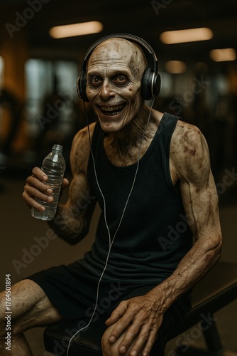 Zombie listening to music and drinking water in gym — Halloween fitness humor