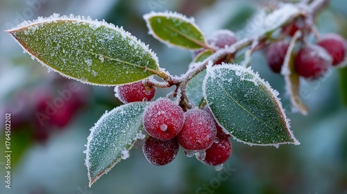 A frosted berry branch winter morning red berry green leaf ice crystals cold weather natural texture macro nature seasonal plant holiday mood. frosted berries sparkle chilly dawn branch