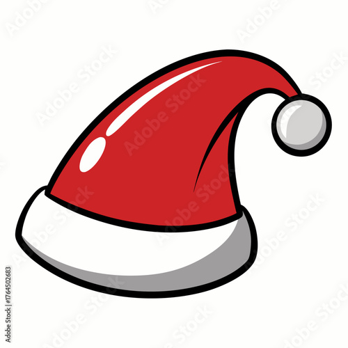 A cartoon style illustration of a traditional red Santa hat with a white band and a fluffy white pom pom on top.