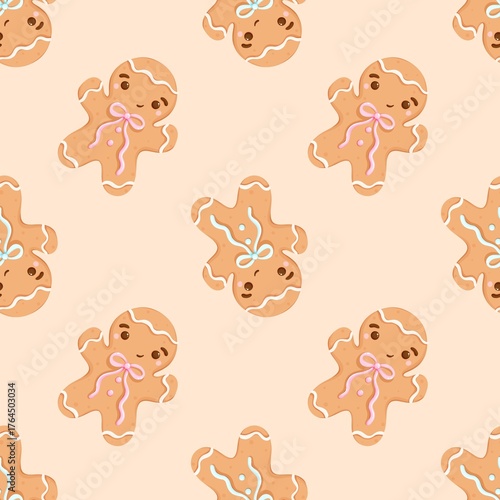 Cute Gingerbread Man Seamless Pattern | Kawaii Christmas Cookie Background