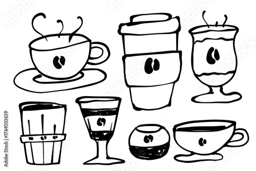 A set of doodles of various cups and coffee mugs. Vector graphics.