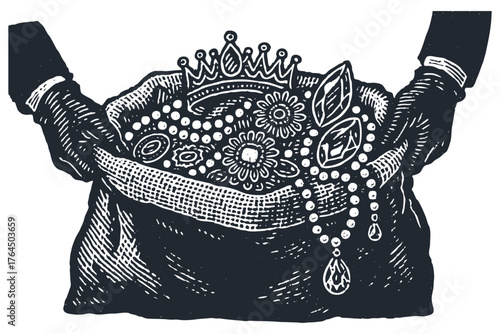 A thief's gloved hands hold a sack full of stolen jewels, treasure, and a royal crown. Vintage vector illustration in a classic woodcut or linocut style.