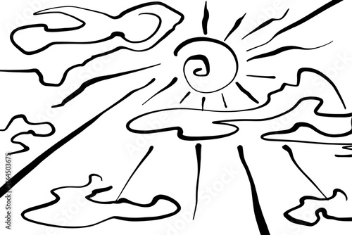 Decorative, abstract landscape with sun against a background of clouds. Vector graphics.