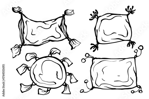 A set of doodle bed linens and decorative pillows. Vector graphics.