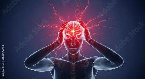Person with headache and brain inflammation, pain, stress, migraine, and neurological problem