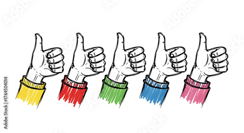 A colorful row of five hand-drawn sketch hands, each with a different colored sleeve, giving a thumbs up gesture for approval, success, or positive feedback