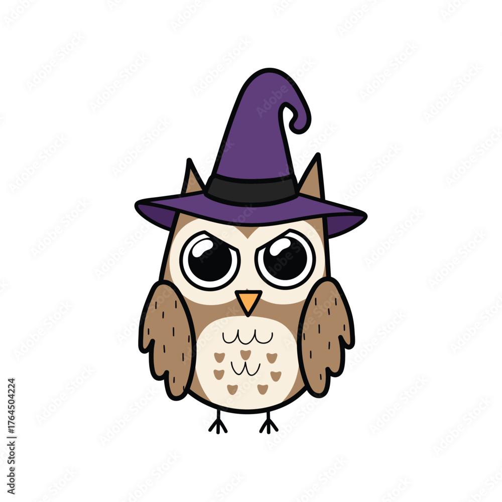 Fototapeta premium Outline Art Icon: Cute Owl Wearing a Witch Hat for Halloween Magic and Spooky Night