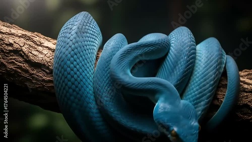 Blue Viper Coiled on Branch: A Captivating Wildlife Encounter.
