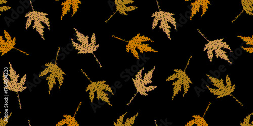 Autumn pixelated leaves seamless pattern vector illustrations. Bitmap effect foliage ornament. Fall season design for textile, fabric, background, packaging, wallpaper.