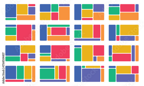 Bento grid with 16 colorful layout variations and POSH label, modular design blocks for UI, dashboards, or abstract visuals