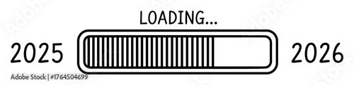 Load bar 2026 new year vector illustration in doodle style featuring a hand drawn loading symbol and sketch progress bar. Black isolated element on a white background, perfect for UI design.