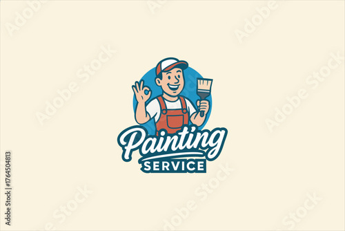 A cheerful painter wearing red overalls and a white cap holding a paintbrush and making an OK hand gesture, representing a professional painting service. ideal for branding, construction.
