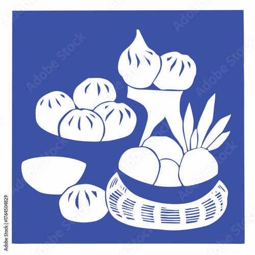 Blue and white asian dumpling vector illustration with bowl and plant elements, clean cultural food design