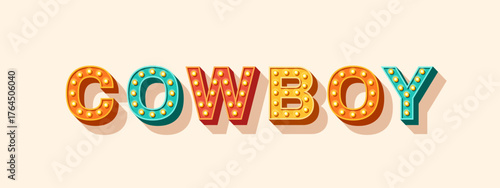 Rodeo Cowboy Riding text logo. Vector Illustration. Wild west concept typography banner. Vintage light bulb font isolated on white background. Texas party event poster