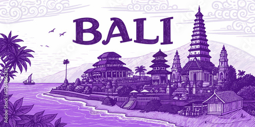 Bali Skyline Hand Drawn Sketch with Cultural Landmarks for Tourism Promotion and Travel Art Print | Bali Cityscape Illustration with Uluwatu Temple, Tanah Lot, Mount Agung, and Traditional Architectur