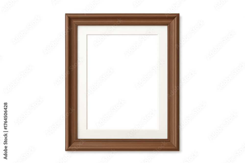 Fototapeta premium Elegant brown wooden picture frame with matte and blank white space for displaying artwork or concepts, transparent background