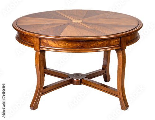 Round brown wooden retro table. Dining table isolated on white background. Clipping path included.