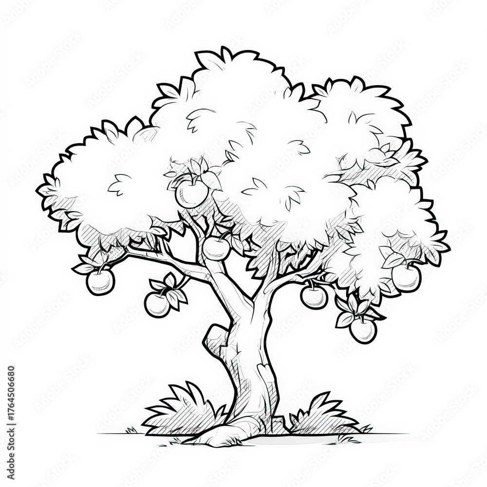 Fototapeta premium Simple Tree with Decorative Balls Coloring Page, coloring page for kids, simple outline illustration. Coloring book.