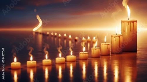 A row of lit candles creating a warm and reflective ambiance.