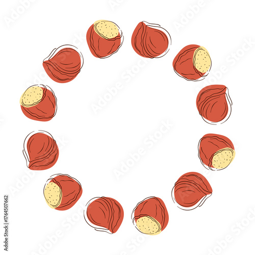 Circular frame with hazelnut arranged on a white background in a flat style illustration.