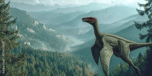 Deltadromeus explores a primeval landscape of mountains and forests in ancient times