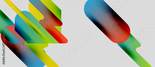 Abstract shapes overlap, creating vibrant color blends. Dynamic composition suggests movement, energy, modern design. Simple background enhances visual impact.