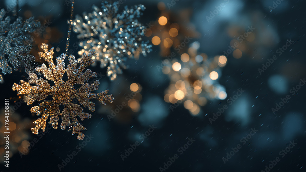 Fototapeta premium Golden lights twinkle among delicate snowflakes, capturing the beauty of winter's embrace Generative AI