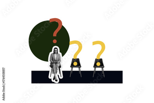 Creative picture collage human resources interview hiring job employment manager businesswoman question mark dilemma drawing background