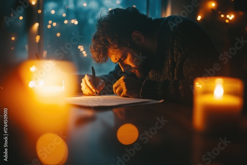 Candlelight glows on wooden table as man writes. Calm evening atmosphere filled with mindfulness and peace.