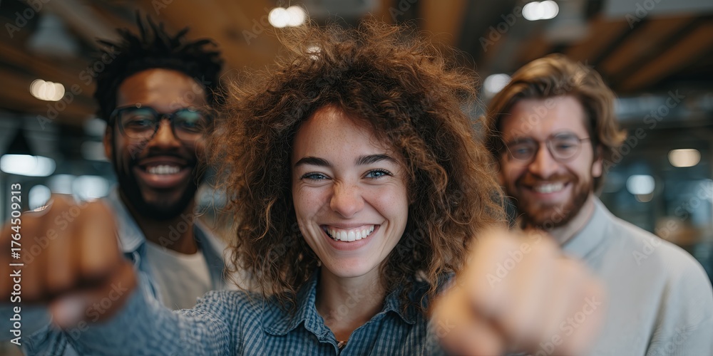 Obraz premium Group of diverse individuals celebrating success with joyful expressions, showcasing teamwork and camaraderie in a modern office environment, embodying positivity and motivation