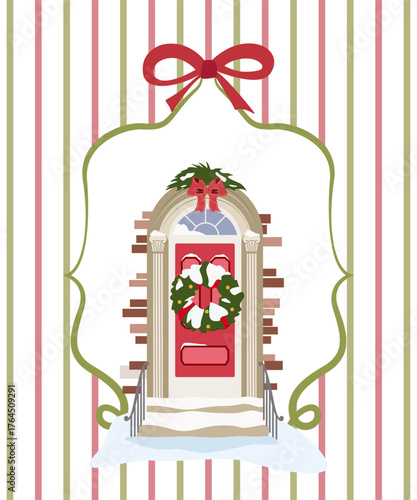  Christmas card with a house and wreath  with a Christmas tree on the door Decoration for winter holidays Vector illustration
