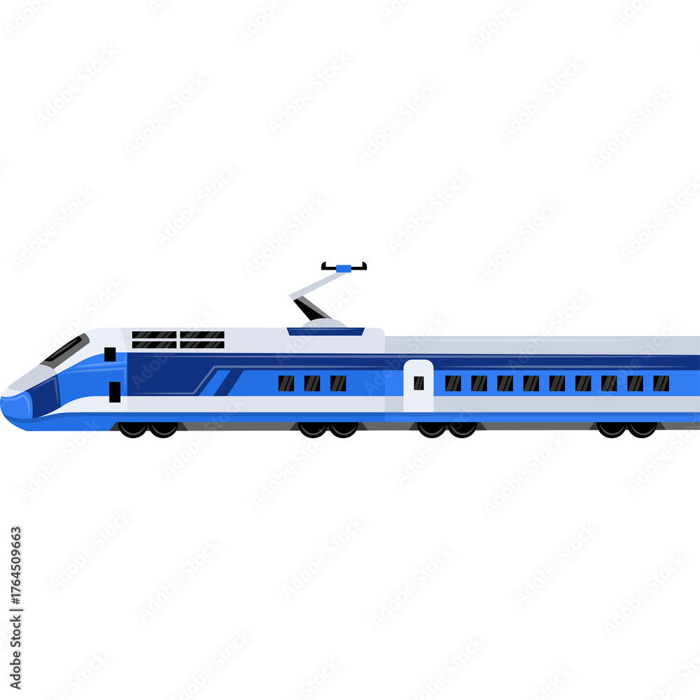 Fototapeta premium Modern High Speed Electric Train With Blue and White Exterior Traveling On Transparent Background