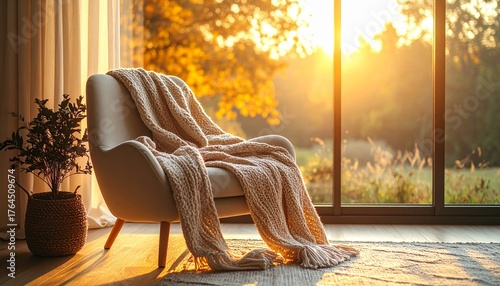 Warm and inviting scene with a comfortable armchair draped in a soft blanket, illuminated by the beautiful golden hour sunlight pouring through a large window, creating a perfect spot for relaxation
