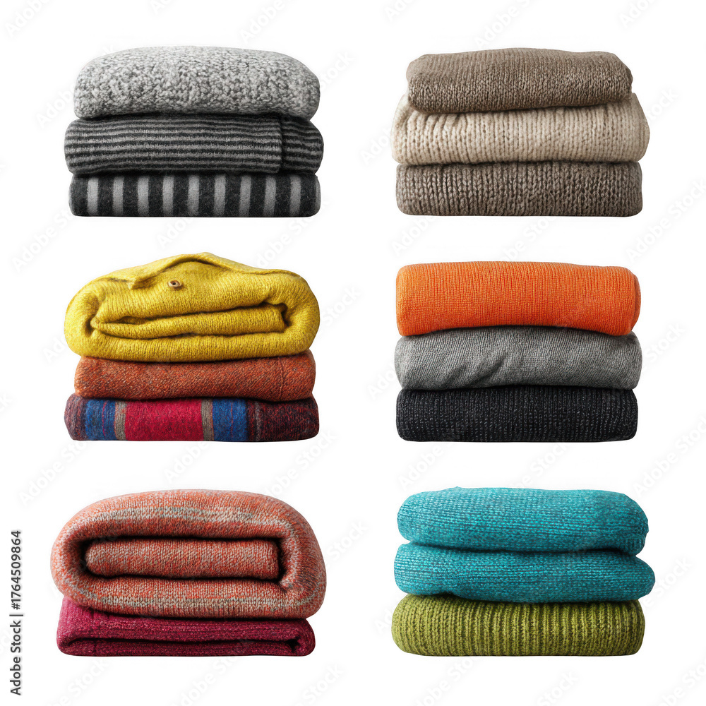 Obraz premium Cozy comfort six stacks of folded textiles soft throws blankets home decor fabric swatches isolated on transparent background