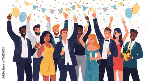 joyful illustration of a diverse group of friends in formal wear and party hats, celebrating with a champagne toast under confetti and balloons