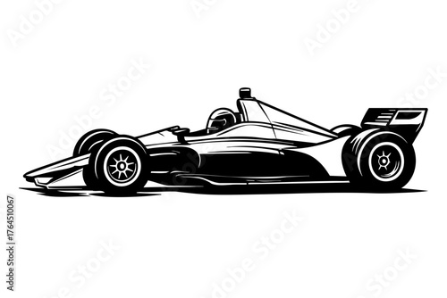 Monochrome vector illustration of an racing car side view showing open cockpit and aerodynamic sidepods