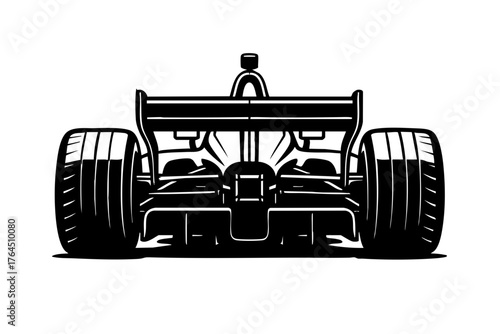 Black and white vector drawing of an racing car rear view showing large diffuser and detailed tires