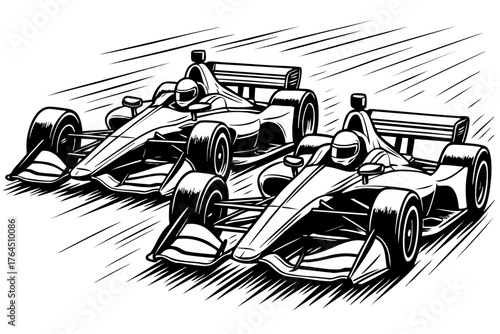 Black and white vector illustration of two Cars racing side by side with motion lines and dynamic speed