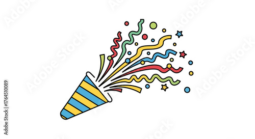 colorful, flat-line icon of a party popper exploding. Confetti, streamers, and stars burst out, symbolizing a lively celebration, birthday, or New Year's event
