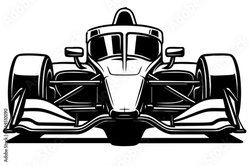 Detailed monochrome vector artwork of an racing car nose and front wing close-up in technical illustration style
