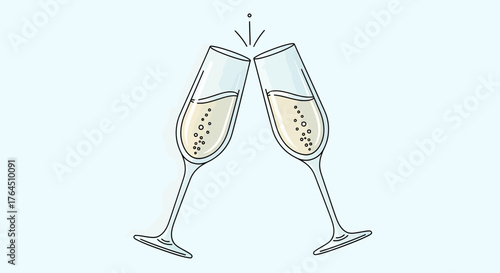 A clean, minimalist illustration of two champagne glasses clinking in a toast. Simple line art icon perfect for celebrations like New Year's Eve, weddings, or anniversaries