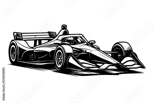 Black and white vector illustration of an racing car at high speed with aerodynamic body and open wheels